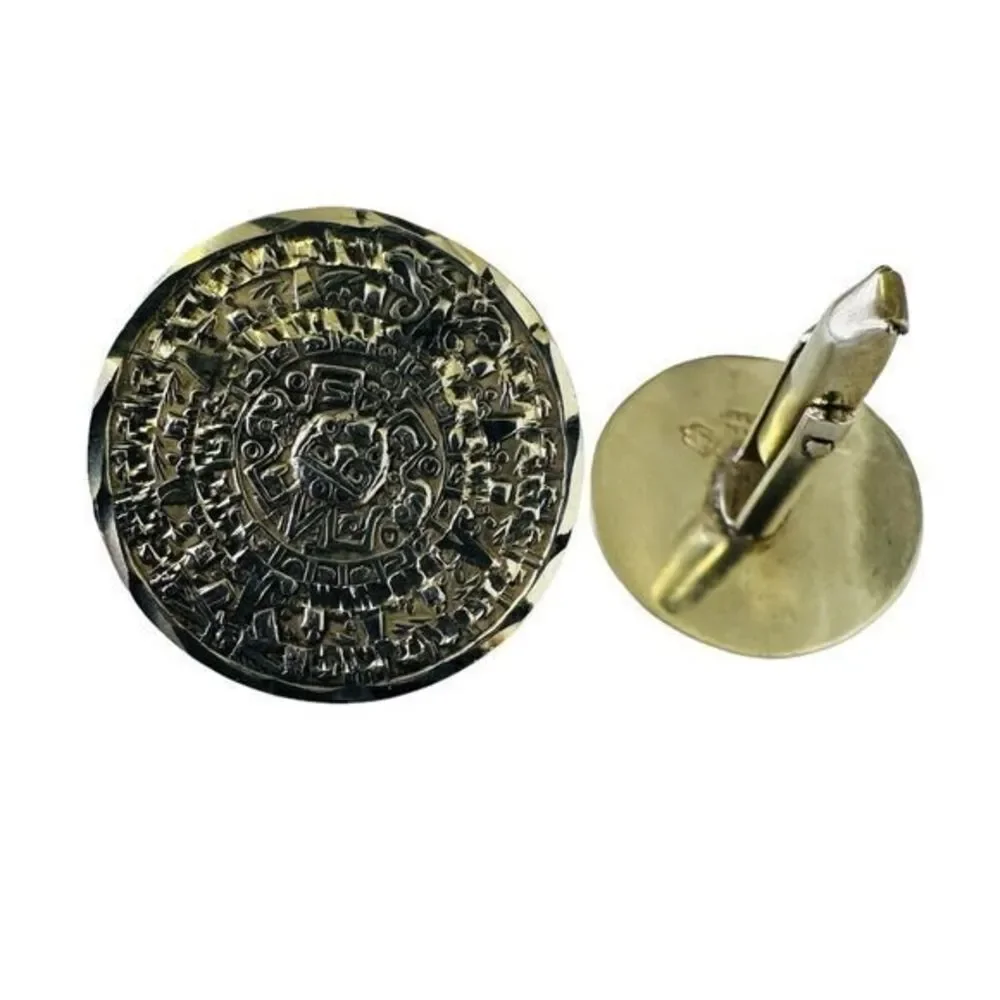 MEXICO 925 Sterling Silver Mayan Aztec Sun Calendar Cufflinks Vintage 10.62g‎